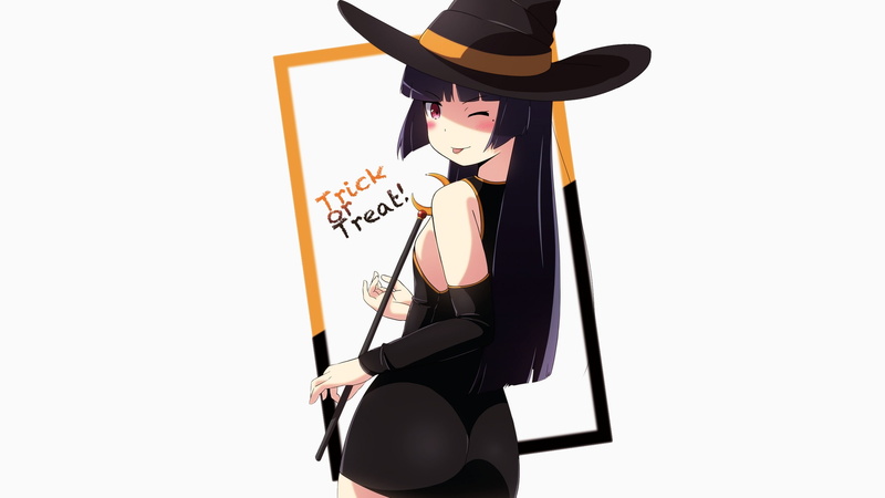 hat, 1080P, red eyes, witch hat, black hair, dress, Ore no Imouto ga Konnani Kawaii Wake ga Nai, Gokou Ruri, long hair, blushing, Halloween, white  background