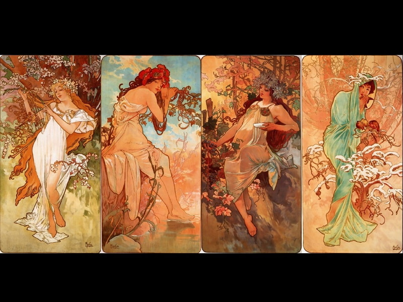 nature, x, hd, spring, 480P, alphonse, seasons, autumn, Winter, summer, paintings, mucha, art