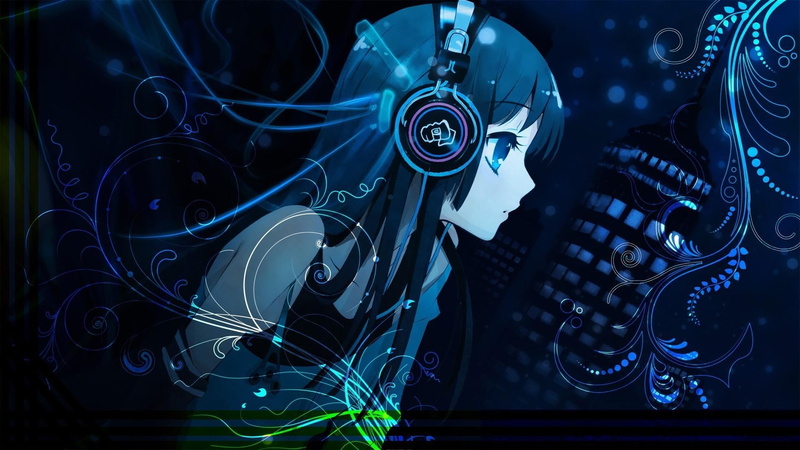 anime girl, blue, music, headphones, 1080P, dark blue