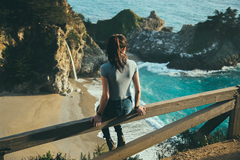 Noel Alvarenga, looking into the distance, Megan Costley, sitting, sea, 720P, photography, Chill Out, landscape, women outdoors, back, women, sand