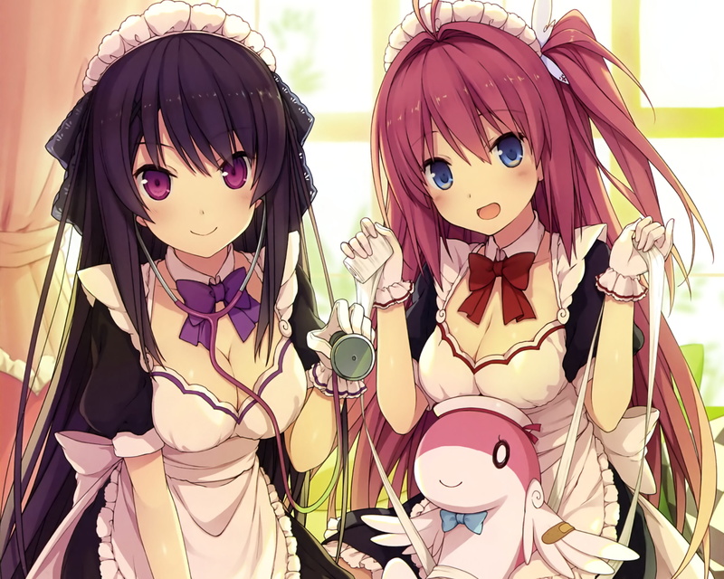anime girls, brunette, looking at viewer, Tobisawa Misaki, long hair, 1080P, blue eyes, purple eyes, Kurashina Asuka, pink hair, anime, Ao no Kanata no