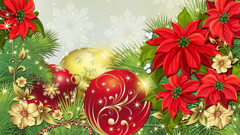 poinsettias, feliz, christmas, flowers, feliz navidad, decorations, gold, stars, 1080P, fleurs, snowflakes, balls, navidad