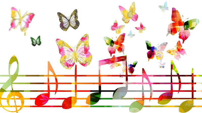summer, music, animals, butterflies, colorful, bright, 1080P, papillon, musical notes, sing, musical, play