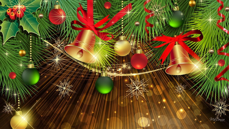 1080P, new years, bright, gold, christmas, feliz navidad, holidays, stars, bells, spruce, decorations, colors