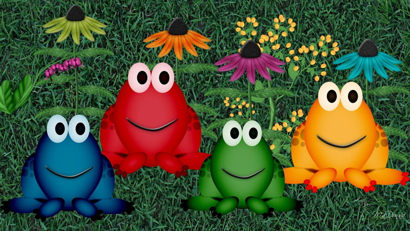1080P, cute, grass, frogs, animals, firefox persona, flowers, big eyes, floral, bright, color, spring
