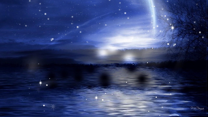 reflection, stars, 1080P, river, ocean, lake, night, water, full moon, blue, bright, tree, nature and landsc