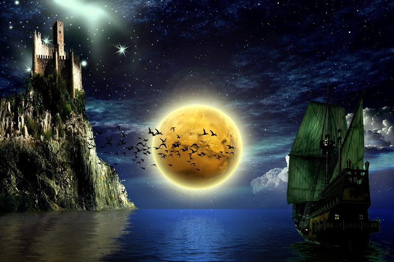 moonlight, blue, no people, castle, landscape, scenics, night, digital, brown, galaxy, horror, alien, stars, dusk, boats, evil, fantasy, outdoors, dark