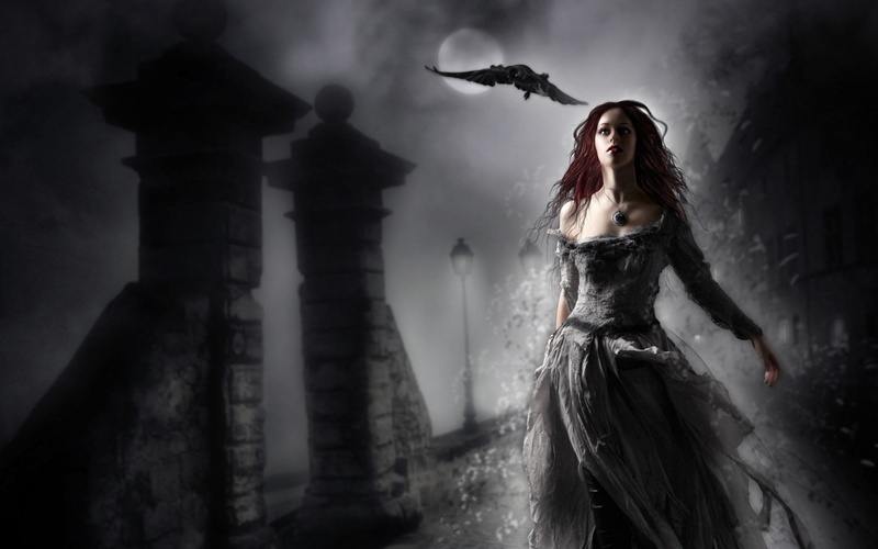 Moon, Gothic, young adult, vampire, young women, nature, Raven, beauty, clothing, spooky, long hair, standing, witch, beautiful woman, Dark, 1080P, dress