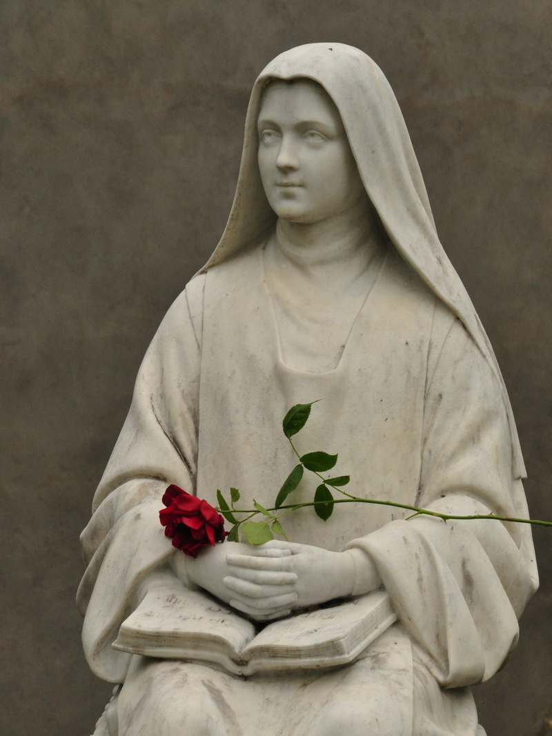 indoors, women, one person, veil, christianity, spirituality, beauty in nature, rose - flower, sculpture, red, hood - clothing, flower, worship, nature