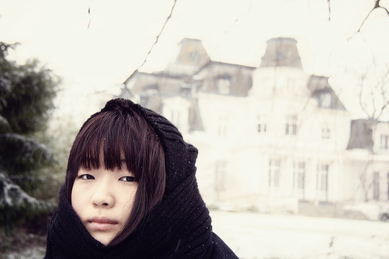 black hair, 4K, beautiful woman, day, warm clothing, cold temperature, young adult, bangs, front view, females, people, outdoors, islam, built structure