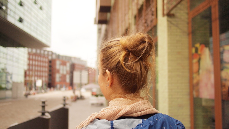 scarf, netherlands, rear view, female, person, attractive, focus on foreground, young adult, human hair, vacation, hair, walking, young, adult, westerdok
