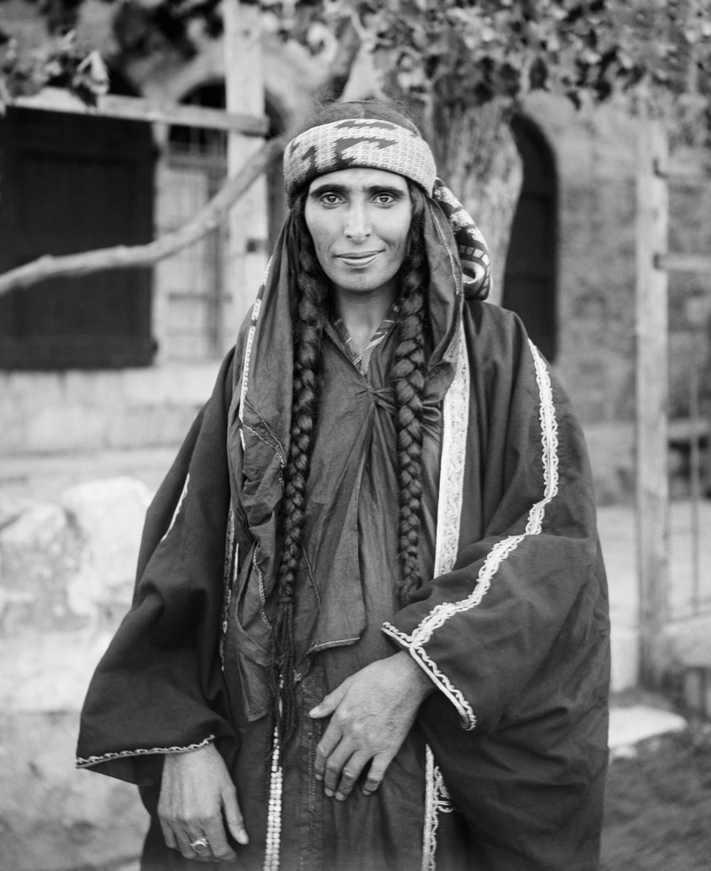 portrait, woman, cultures, three quarter length, traditional clothing, clothing, historically, scarf, braids, black And White, dress, nomad, bedouin, arabic