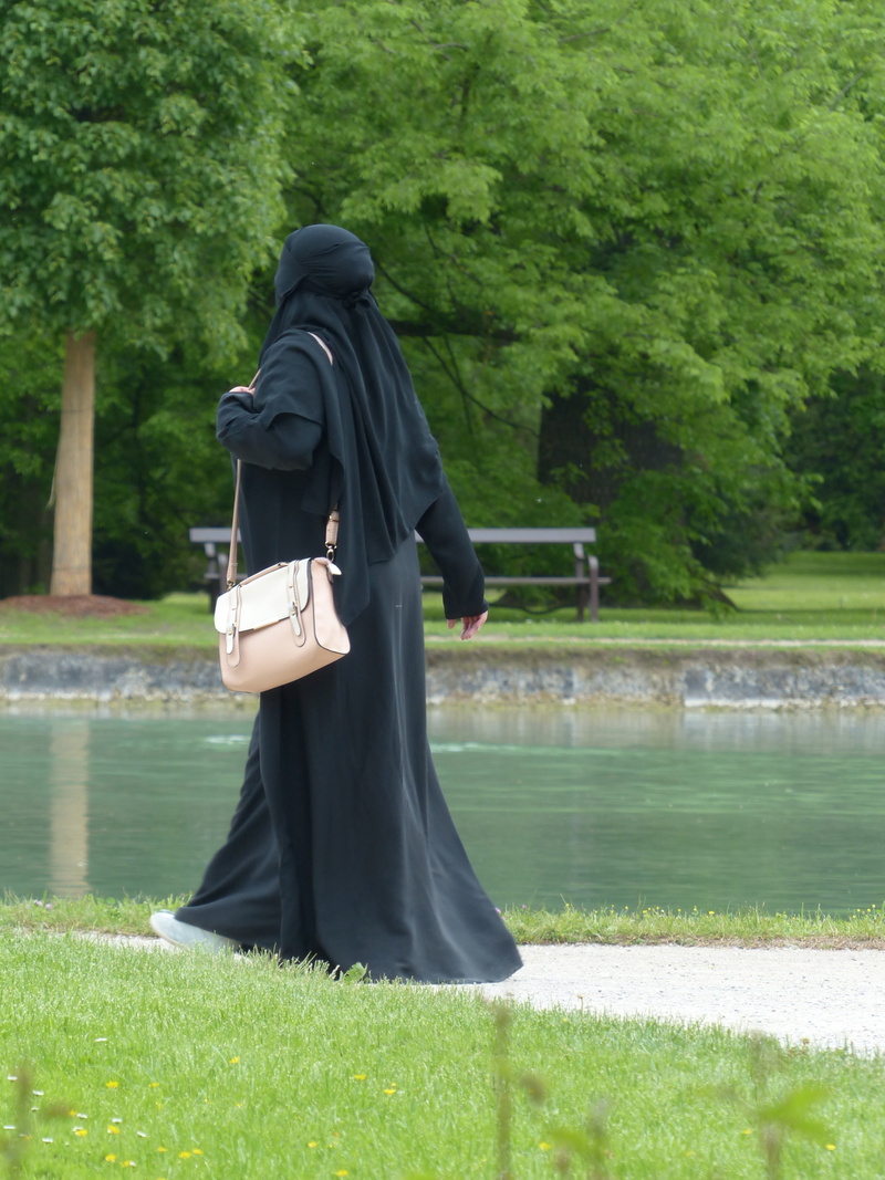 outdoors, adult, burka, women, panel, concealment, walking, lake, water, wearing, person, lifestyles, garment, grass, veiling, muslim, woman, plant, nature