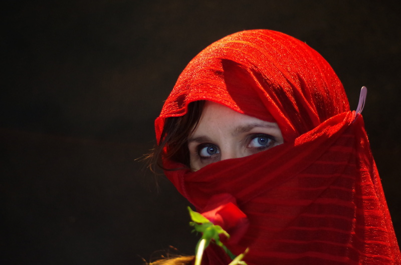 dyed red hair, 4K, human Face, hood - clothing, dark, looking at camera, beautiful, obscured face, headshot, headscarf, women, close-up, clothing, scarf