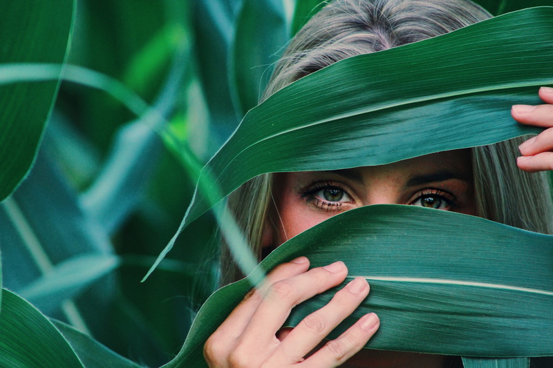 portrait, body part, hiding, beautiful woman, young women, teenager, green color, leaves, human face, obscured face, lifestyles, adult, holding, human body part
