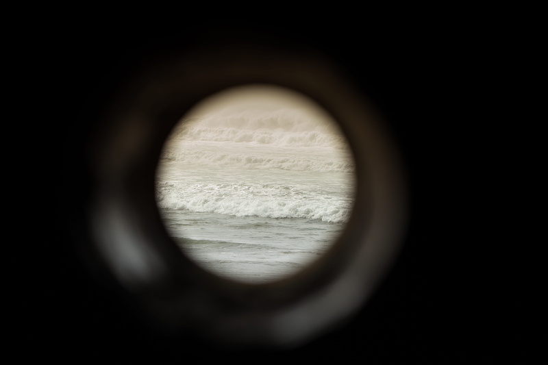 pipe, geometric shape, ocean view, sea, black color, peep hole, beauty in nature, hole, port hole, water, nature, peek, mystery, ocean, indoors, 5K, across