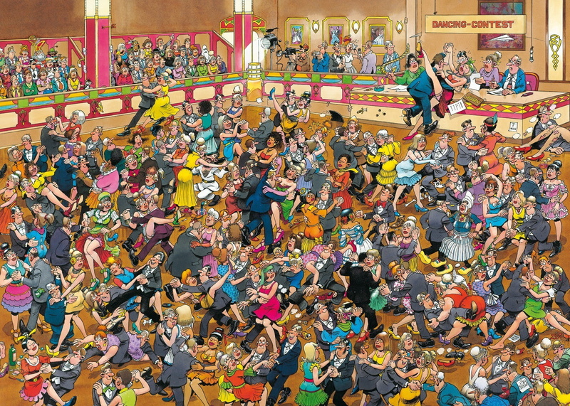 Mad Magazine, couples, large group of objects, day, indoors, crowd, art, detailed, multi colored, lifestyles, dancing, real people, adult, group of people