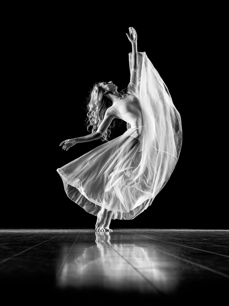 motion, arms raised, white dress, black background, real people, flooring, ballet dancer, full length, stage, one person, arts culture and entertainment