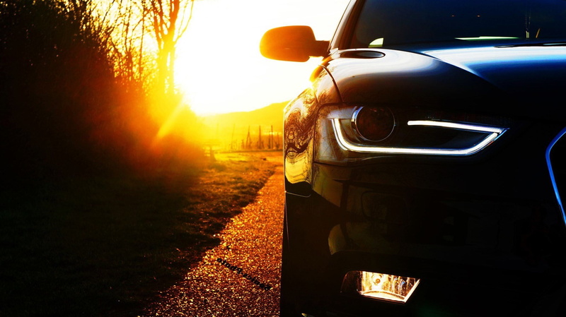 sunset, sunlight, bright, sunbeam, headlight, car, sky, land vehicle, blue, nature, mode of transportation, 1080P, Audi, sun, transportation, road, street