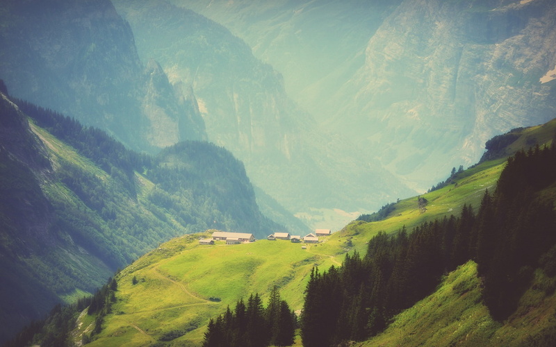 landscape, mist, Switzerland, trees, mountains, nature, 1080P, KDE