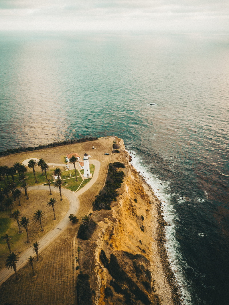 green, drone, white, aerial, lighthouse, view, ocean, blue, water, s, outdoors, real people, tranquil scene, bird eye, 2K, tip pf land, tranquility, high angle view