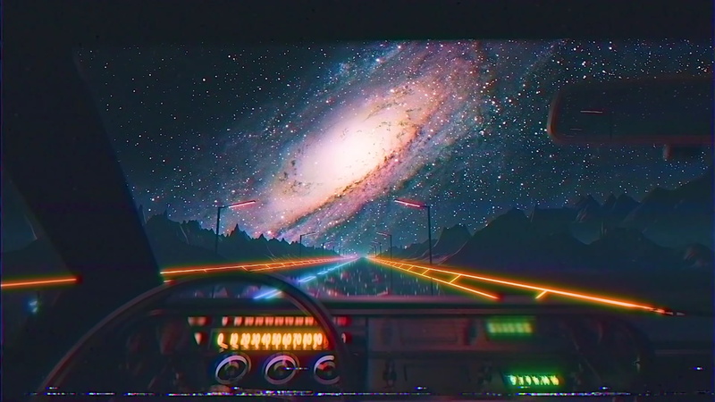 galaxy, 4K, car, 1080P, Retrowave, road, Andromeda, car interior