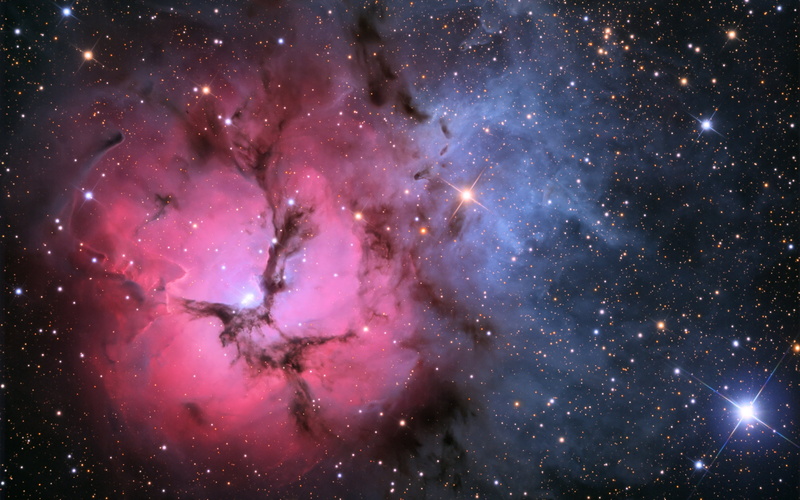 nebula, globular star cluster, galaxy, infinity, dust, illuminated, beauty in nature, mystery, night, nature, majestic, trifid, luminosity, pink color