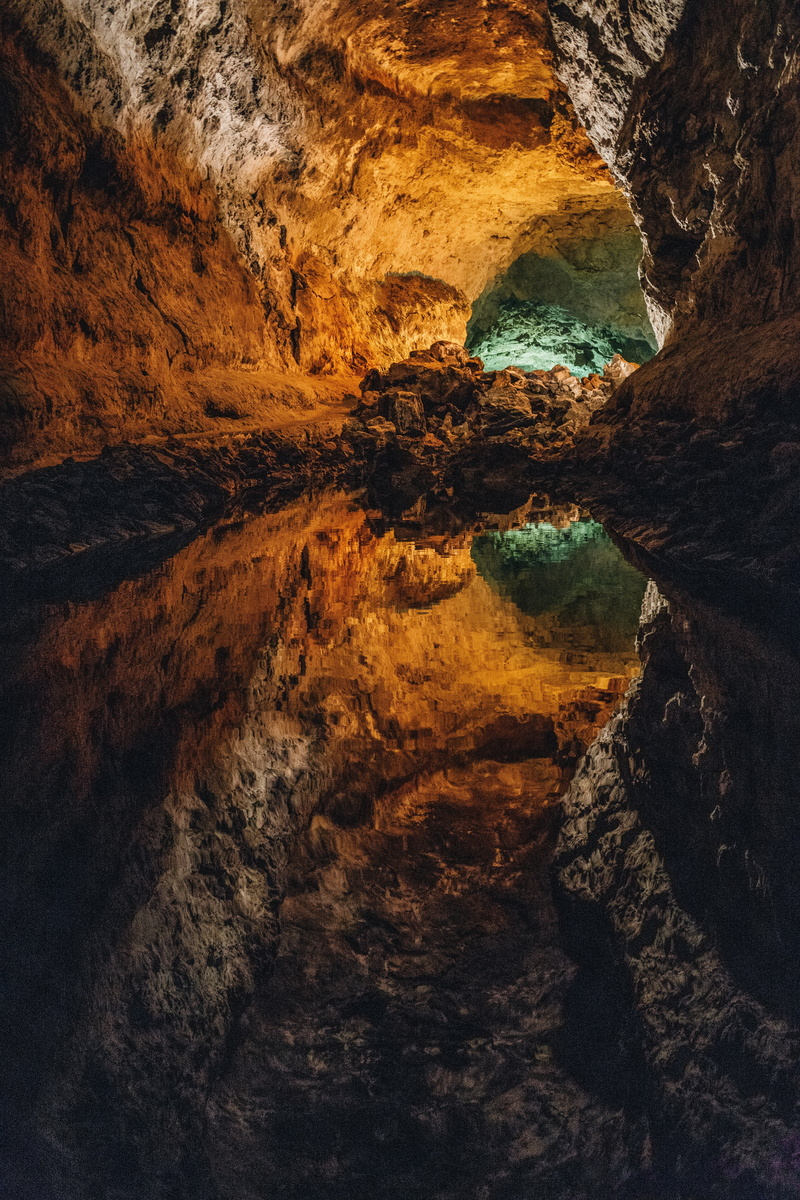 reflection, 5K, canary islands, water, cueva de los verdes, cave, spain, inside, volcanic, stone
