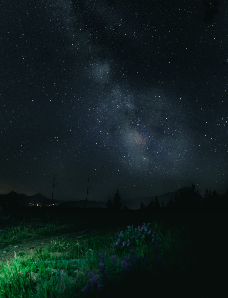 lights, non-urban scene, star, blue, star field, astronomy, green, field, grass, tranquility, stars, purple, scenics - nature, night, galaxy, star - space