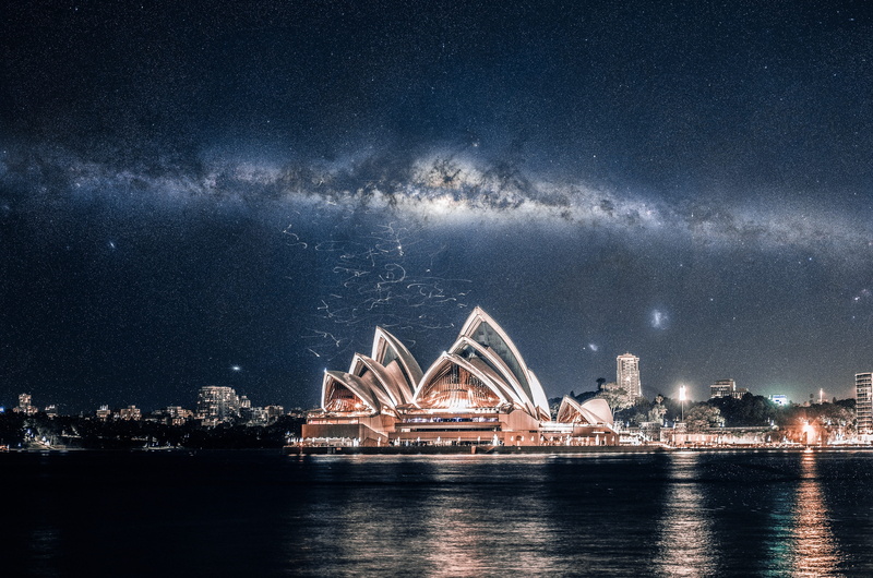 night sky, scenics - nature, ocean, night, galaxy, sky, blow, building complex, star, 4K, operahouse, opera, science, space, mind, light, constellation