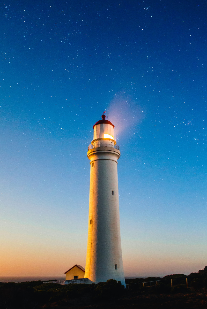 lighthouse, near, space, night, tower, safety, sea, building exterior, concrete, security, nature, 4K, at night, low angle view, building, trees, guidance