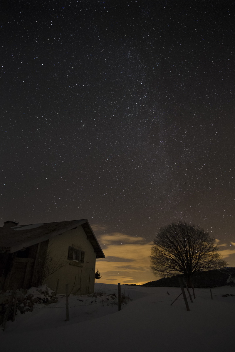 snow, silhouette, winter, Milkyway, no people, moon, sky, tranquil scene, snowing, beauty in nature, nature, astronomy, near, outdoors, brown, house, tree