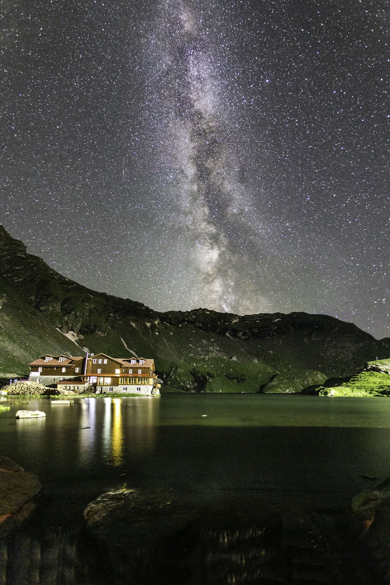 astronomy, mountain, reflection, tranquil scene, landscape, house, mountains, road, star, lights, stars, sky, star - space, panorama, beauty in nature