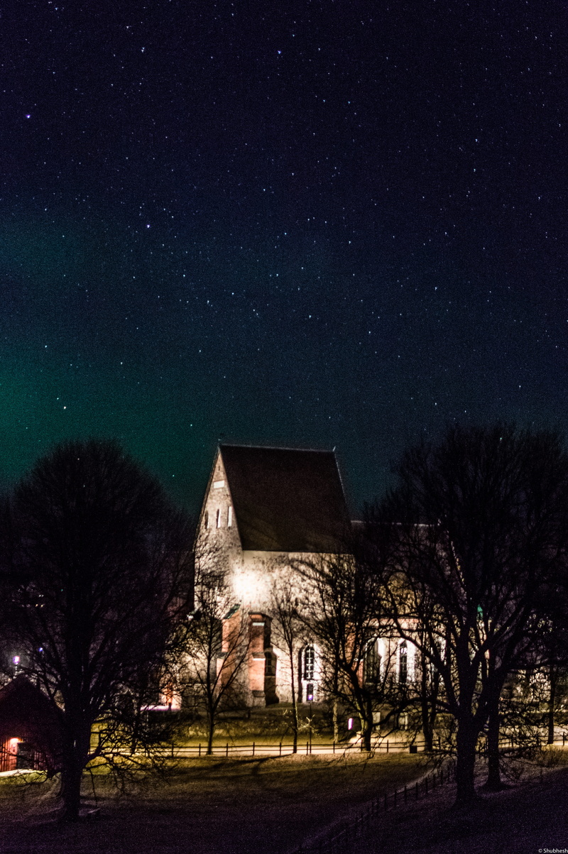 plant, aurora, gorest, built structure, space, star field, sky, northern, 5K, graveyard, house, astronomy, green, cemmetry, place of worship, illuminated