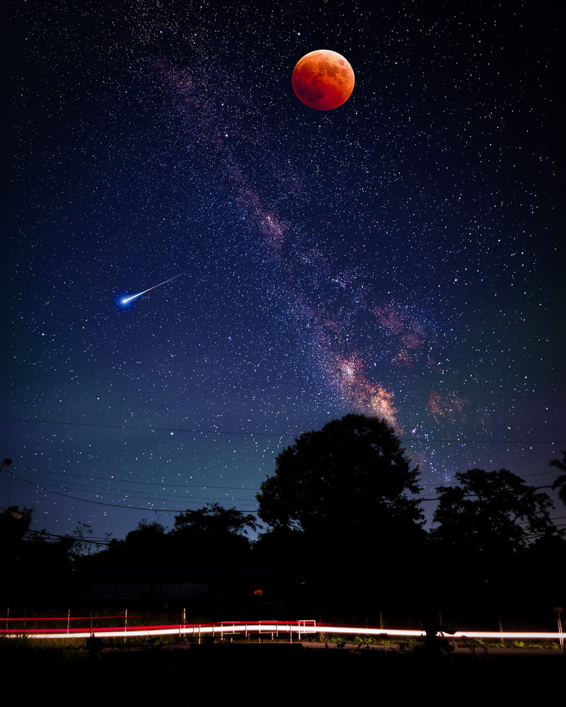 backgrounds, shooting star, blood moon, bloodmoon, nature, science, planet - Space, star, long exposure, dark, red, 2K, blue, constellation, galaxy, astrophotography