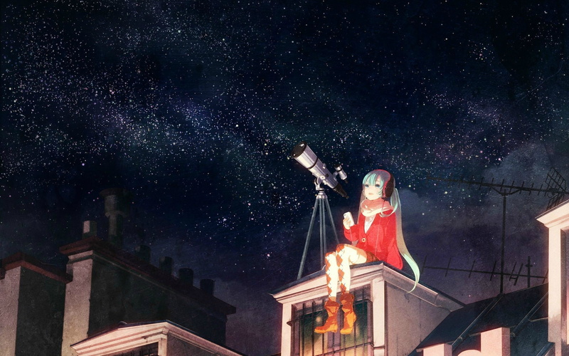 telescope, stars, Hatsune Miku, sky, Vocaloid, 1080P, headphones