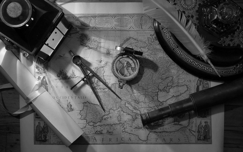 feather, letter, chart, exploring, black, 3d and abs, s, spyglass, still life, pencil, tools, 2K, compass, explorer
