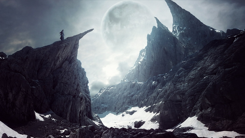 1080P, moon, landscape, alien, snow, cliff, stones, fantasy, person, hd, rocks
