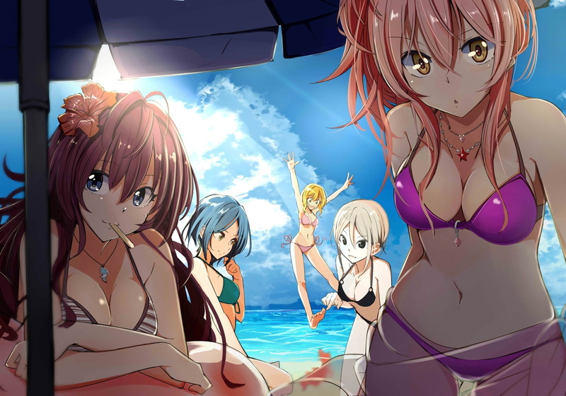 sea, Syuko Shiomi, outdoors, water, cloud - sky, women, Kanade Hayami, digital composite, Anime, happiness, sunlight, sky, people, Shiki Ichinose, Mika Jougasaki