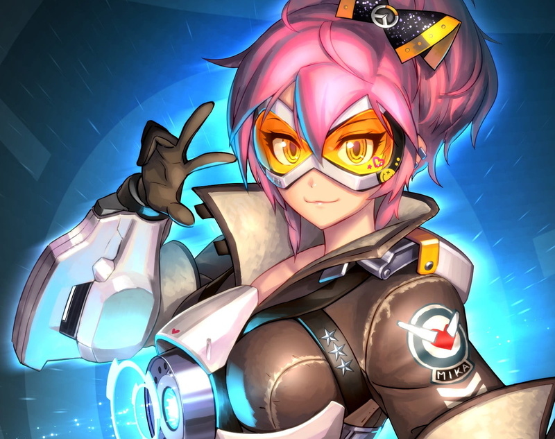 multi colored, blue, goggles, Tracer (Overwatch), looking at camera, art and craft, glasses, lifestyles, Jougasaki Mika, childhood, illuminated, ponytail