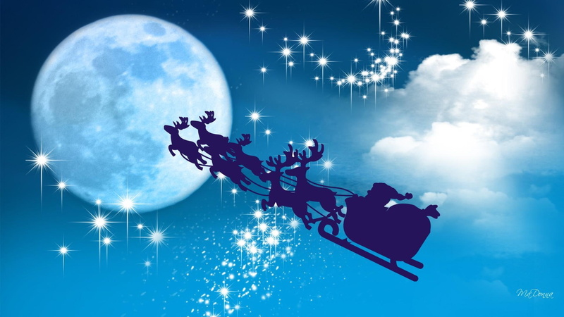 reindeer, santa claus, flight, 1080P, firefox persona, clause, santas, christmas, brand thunder, night, stars, moon, santa, sleight