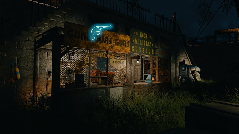 Xbox One, window, store, lighting equipment, text, 1080P, built structure, western script, building exterior, Fallout 4, residential district, architecture