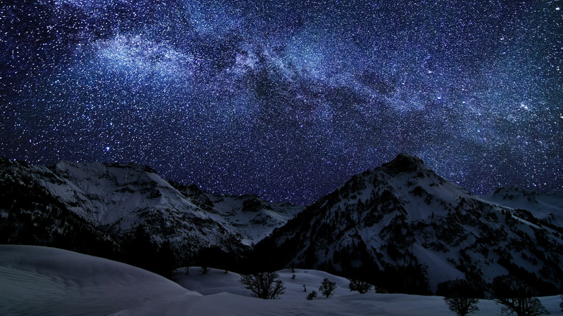 starlight, night, night sky, landscape, starry sky, astronomy, sky, nature, 4K, darkness, milky way, mountain, winter, phenomenon, snow