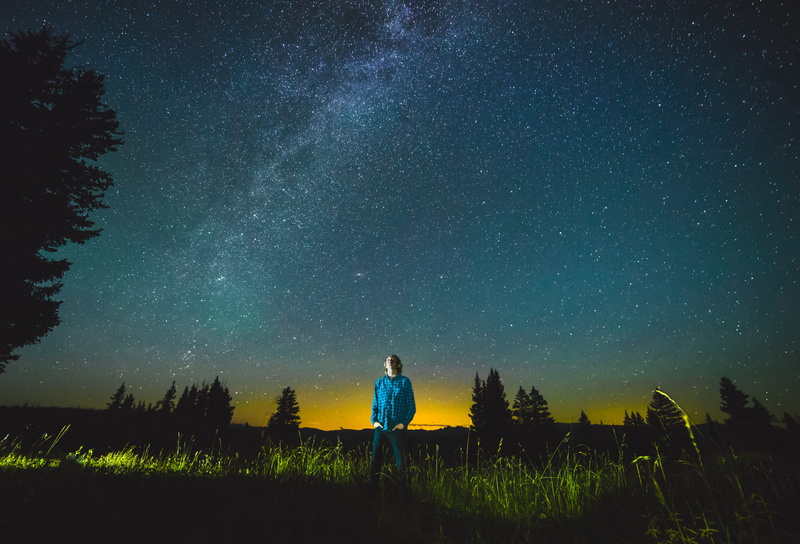 meadow, tree, person, starry night, nature, full, leisure activity, outdoors, boy, milky way, space, grass, lawn, field, nighttime, 5K, scenics - nature