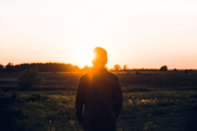 landscape, beauty in nature, lens flare, golden, golden hour, rear view, green, sun, dark sky, contemplation, man, person, adult, caucasian Ethnicity, hour