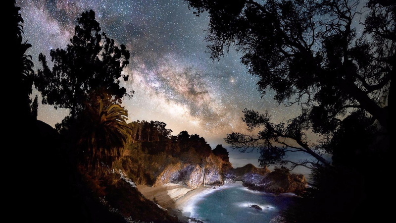 big sur, night sky, starry night, silhouette, tranquility, tranquil scene, ocean, milky way, sky, bay, tree, astronomy, no people, land, forest, growth