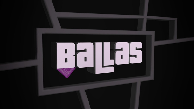 close-up, western script, studio shot, 1080P, sign, Grand Theft Auto San Andreas, black background, 3D, Ballas, white color, no people, capital letter