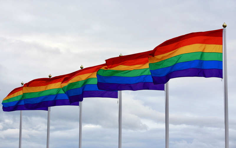 multi colored, vibrant color, pole, wind, patriotism, queer, gay, homosexual, pride day, no people, low angle view, sky, 5K, outdoors, gay pride, flag