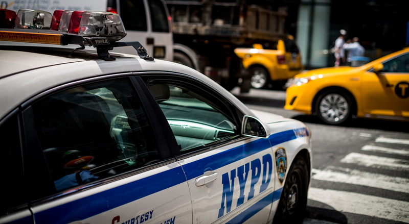 focus on foreground, yellow taxi, traffic, police force, nyc, street, 5K, incidental people, city, america, taxi, police car, blue, ny, motor vehicle