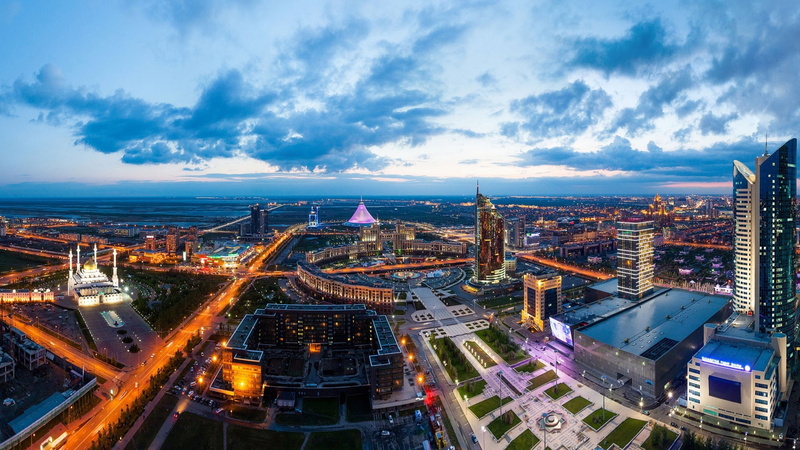 Clouds, Kazakhstan, Buildings, City, Dusk, Landscape, Astana, 1080P, Lights